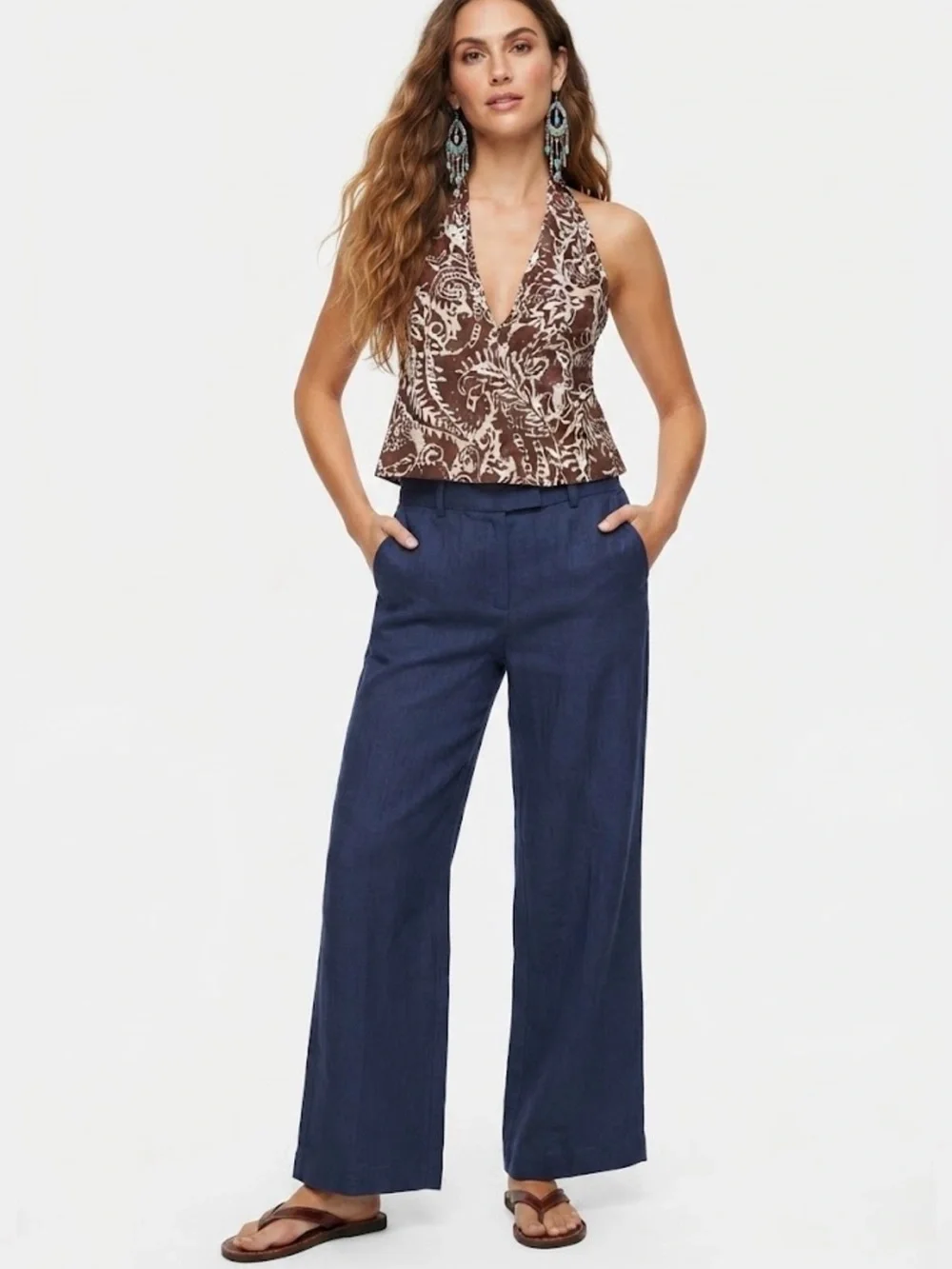 Zara Navy Blue Herringbone Linen Wide Leg Pants S